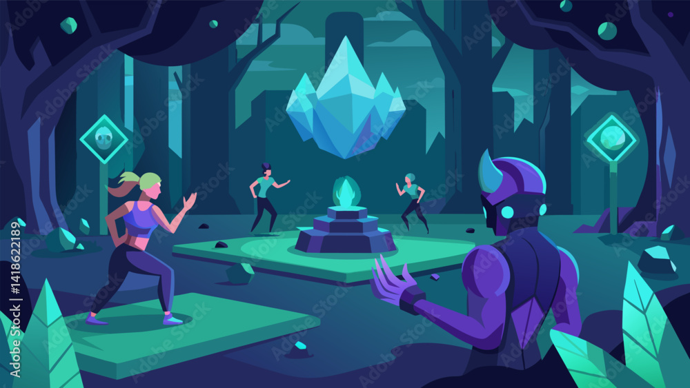 In the mystical forest your VR fitness journey takes you through a series of squat challenges to collect glowing gems and power up your avatar before. Vector illustration