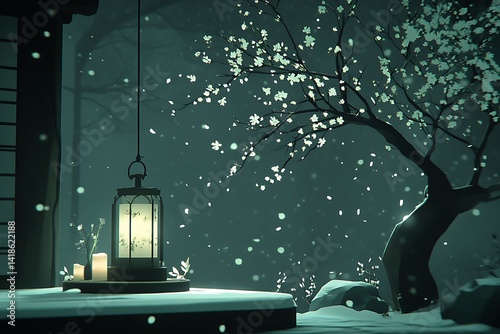 Obraz na płótnie Serene winter night scene featuring a lantern and blossoming tree w salonie