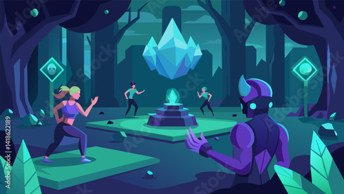 Obraz na płótnie In the mystical forest your VR fitness journey takes you through a series of squat challenges to collect glowing gems and power up your avatar before. Vector illustration w salonie