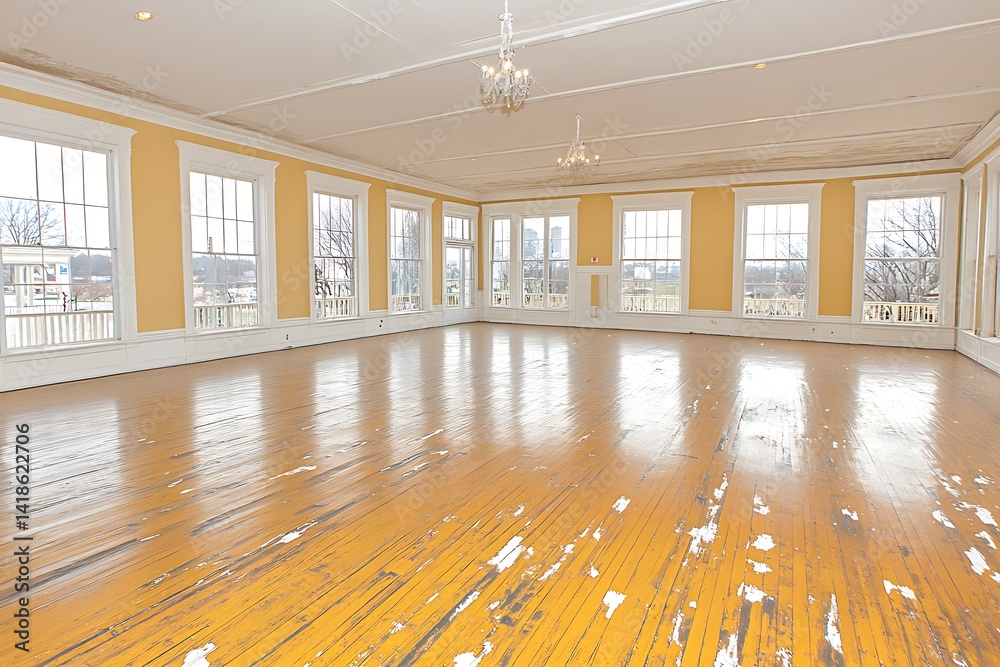 Spacious hall interior with large windows and aged hardwood flooring