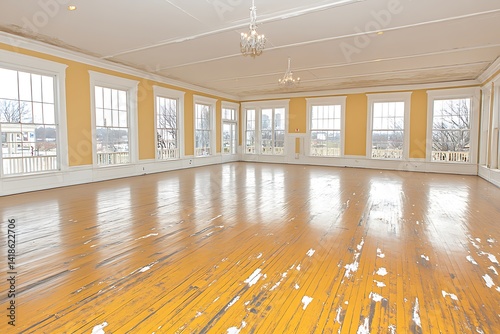 Obraz na płótnie Spacious hall interior with large windows and aged hardwood flooring w salonie