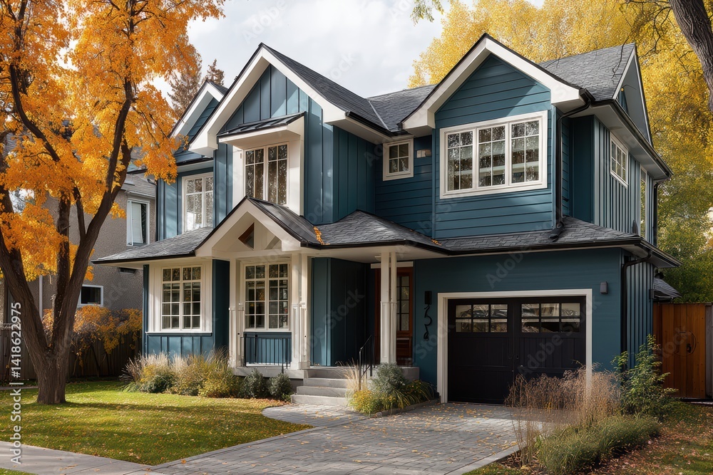 Modern Teal-Toned Residence with Crisp White Trim in Autumn Landscape Modern Teal-Toned Residence with Crisp White Trim in Autumn Landscape