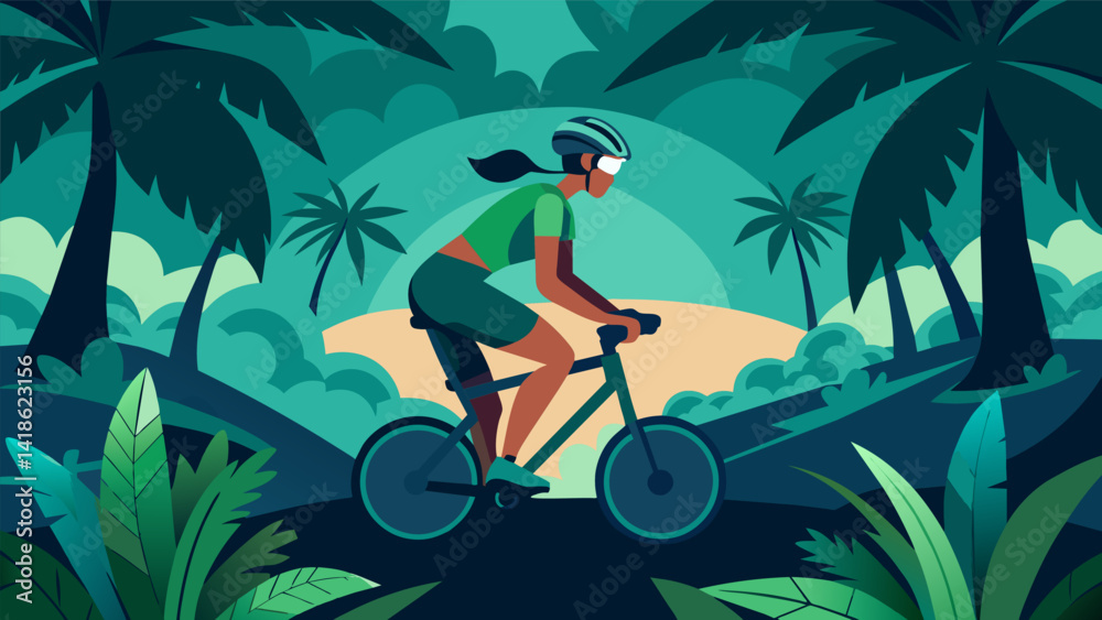 Pedal through a jungle paradise while tackling a series of intense sprints in our immersive VR spin class.. Vector illustration