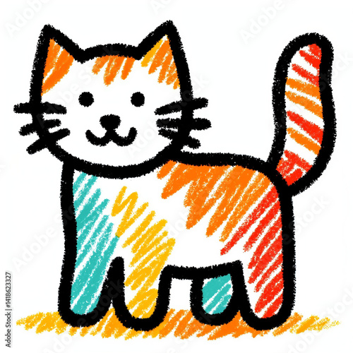 Colorful Cat Drawing with Crayons 