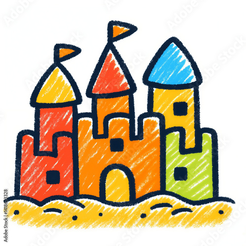 Colorful Sand Castle in Summer Travel Children's Drawing Style  