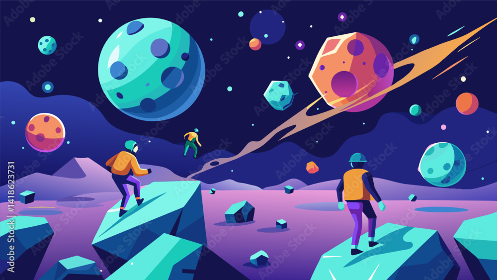 In a scifi universe users skate through a floating ice asteroid field with distant stars and galaxies visible in the background.. Vector illustration