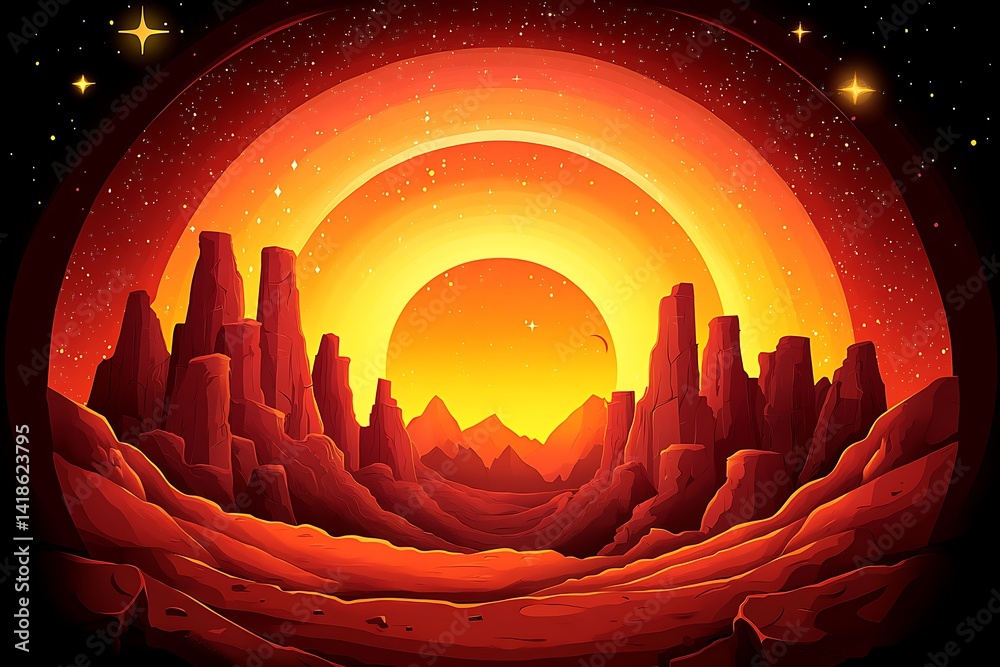 Surreal desert landscape with celestial orb and vibrant atmospheric glow