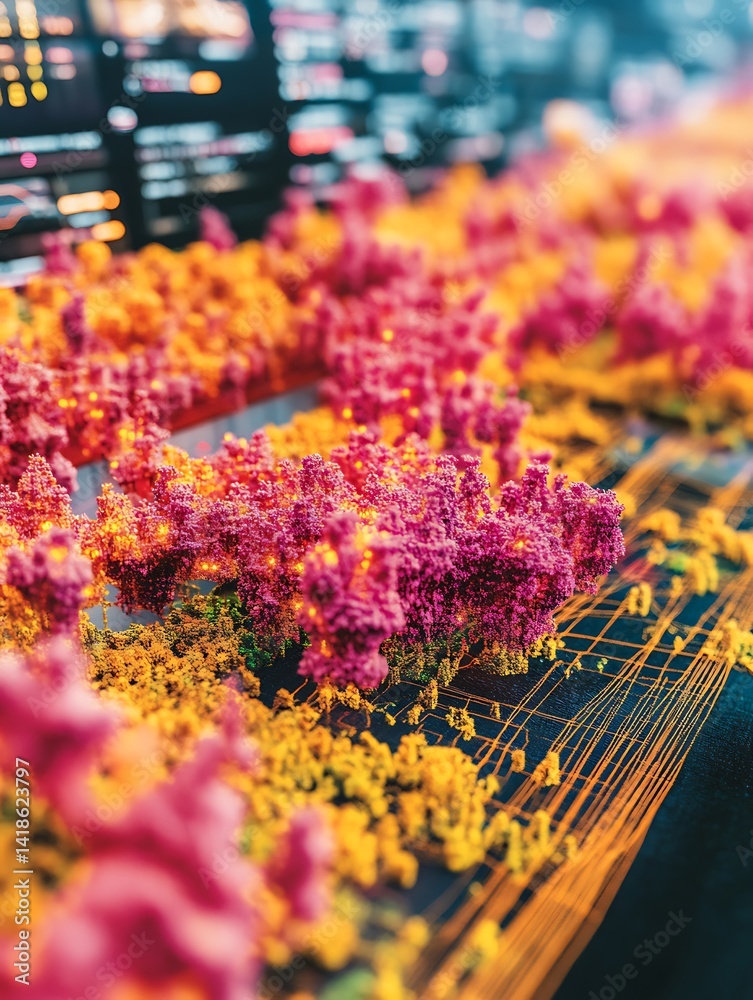 Surreal landscape with vibrant flora and technological integration concept