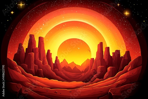 Obraz na płótnie Surreal desert landscape with celestial orb and vibrant atmospheric glow w salonie