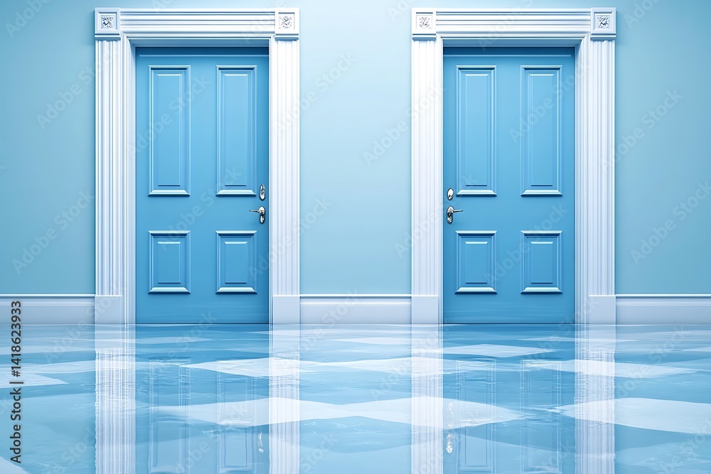 Two framed doors in a blue interior, mirroring decisions and possibilities