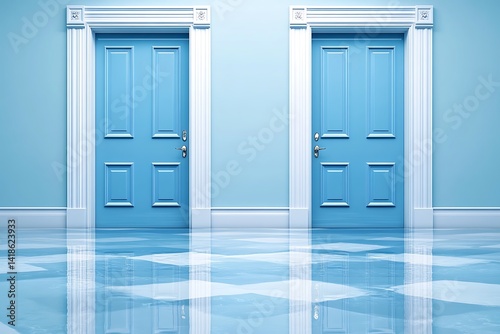 Obraz na płótnie Two framed doors in a blue interior, mirroring decisions and possibilities w salonie