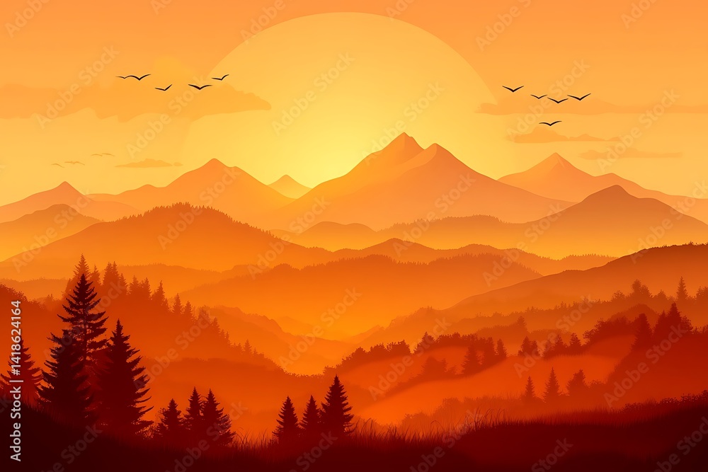 Vector graphic displaying a serene mountainous landscape during sunset