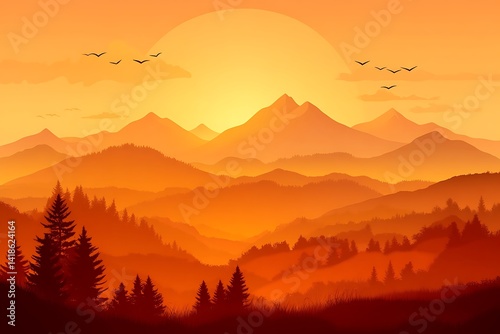 Obraz na płótnie Vector graphic displaying a serene mountainous landscape during sunset w salonie