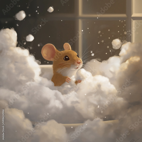 dreamy spa scene with a mouse surrounded by soft cotton clouds as steam.