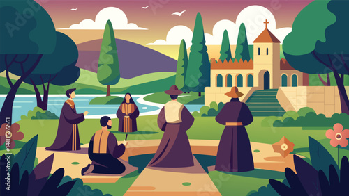 A peaceful garden at the edge of a medieval monastery where the group stops to silently pray amidst the serene surroundings.. Vector illustration