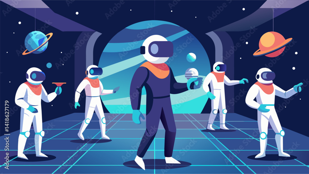 In a futuristic setting a group of astronauts prepare their minds and bodies for the challenges of space exploration through virtual reality Tai Chi.. Vector illustration