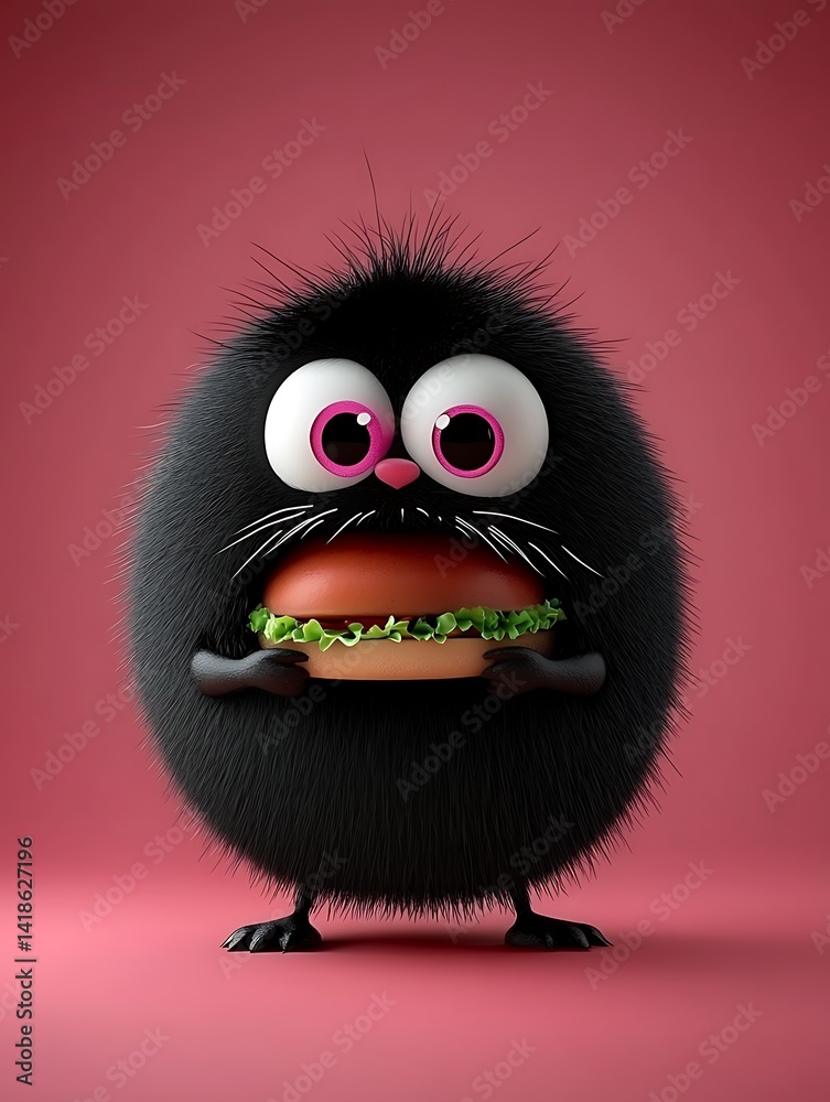 Fototapeta premium Playful Black Fluffy Creature Holding a Hamburger on Pink Background