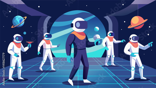 Obraz na płótnie In a futuristic setting a group of astronauts prepare their minds and bodies for the challenges of space exploration through virtual reality Tai Chi.. Vector illustration w salonie