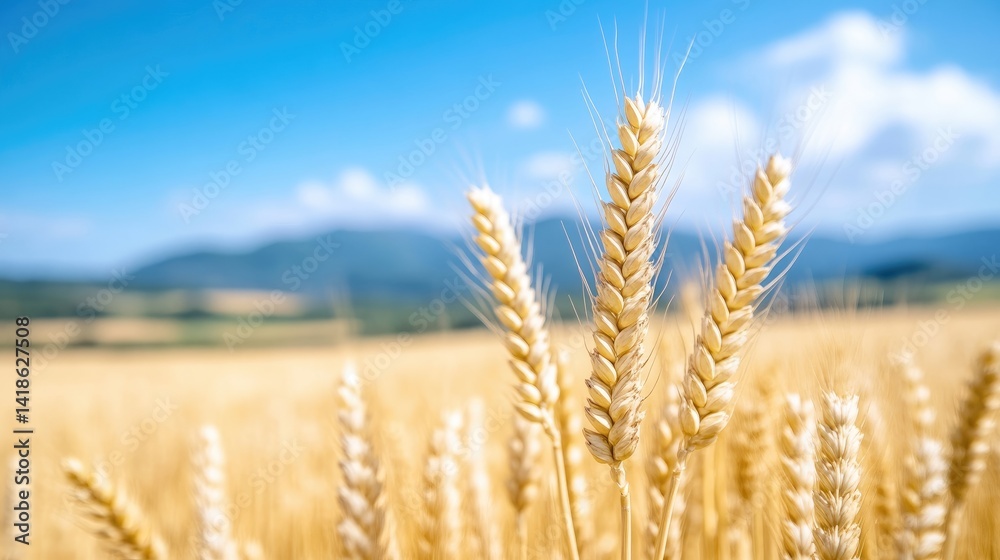 Fototapeta premium Golden wheat stalks swaying gently in a vast field under a clear blue sky, serene summer landscape with distant mountains, and agricultural beauty.