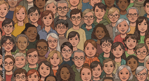 Colorful Diverse Crowd Illustration: Whimsical Cartoon Faces Celebrating Inclusion