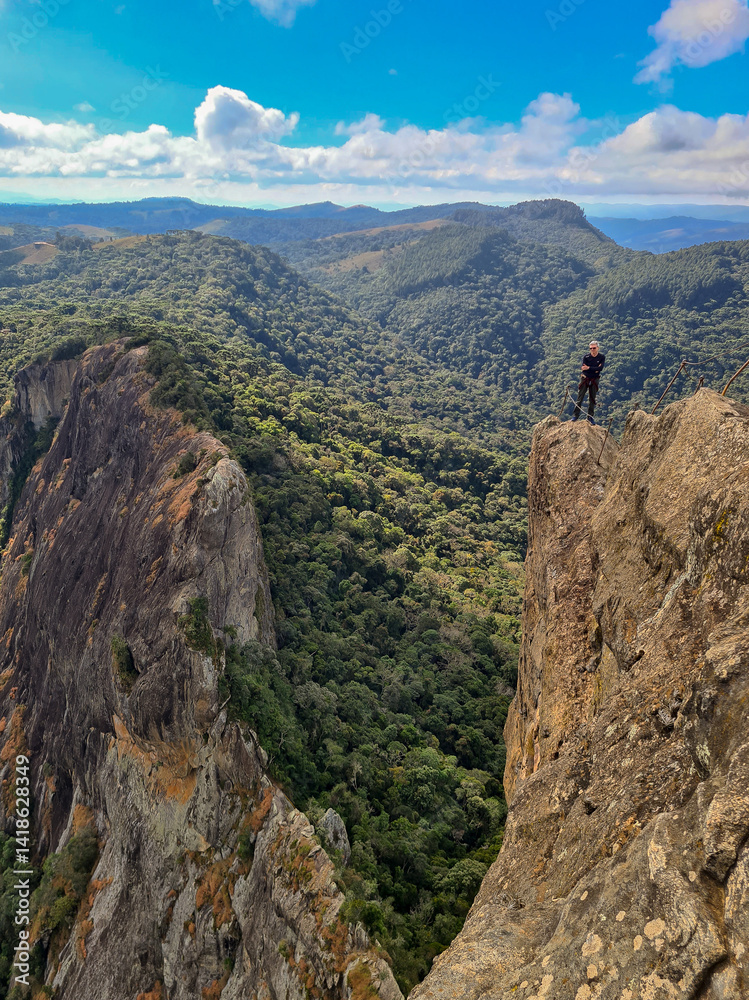 Fototapeta premium White-haired man on top of mountain in region covered in native forest