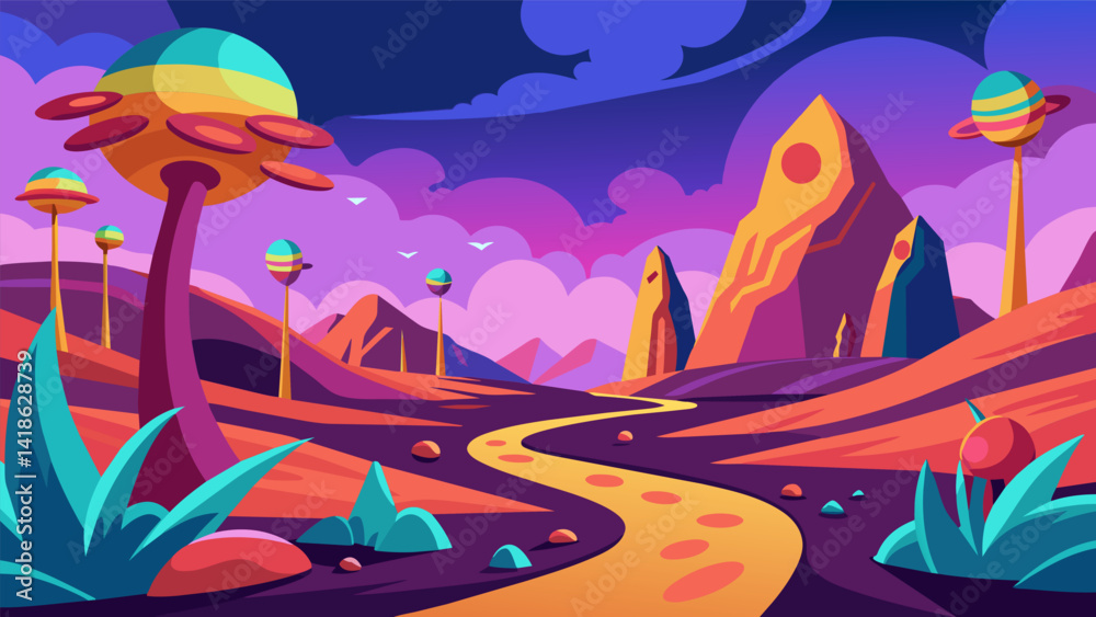 An otherworldly landscape with colorful alien plants and challenging terrain for a unique power walking challenge.. Vector illustration