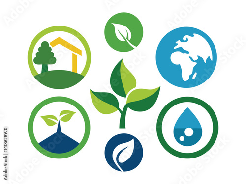 Eco-Friendly Emblem: A collection of vibrant and symbolic eco-elements. Depicting a collective commitment to nature, sustainability and eco-friendliness