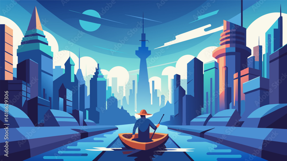 Explore a futuristic cityscape from a new perspective paddling through its intricate waterways and towering skyscrs in a VR kayak.. Vector illustration