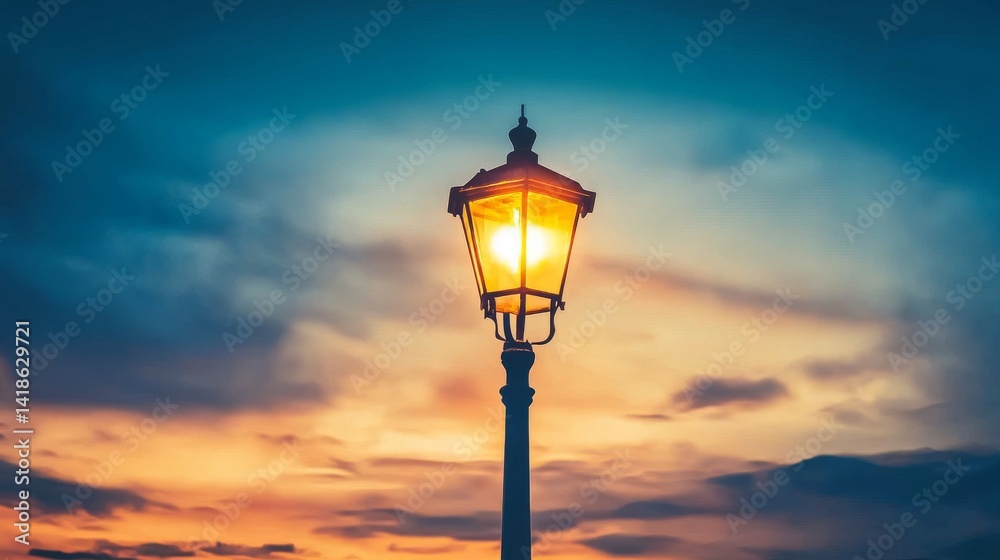 19.Stunning silhouette of a glowing street lamp post against a vivid evening sky, blending warm golden light with deep twilight tones.