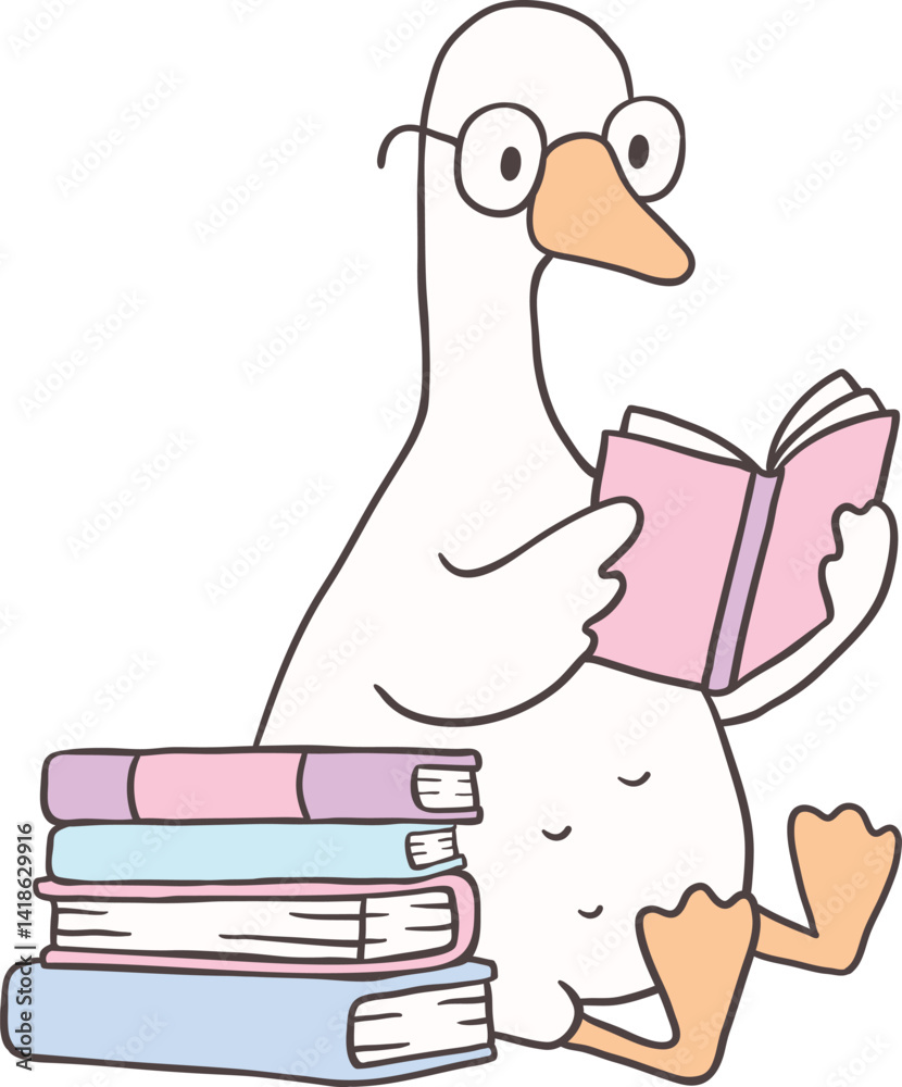 Reading Goose Clipart Cartoon Playful Hand Drawn Goose with Books and Glasses