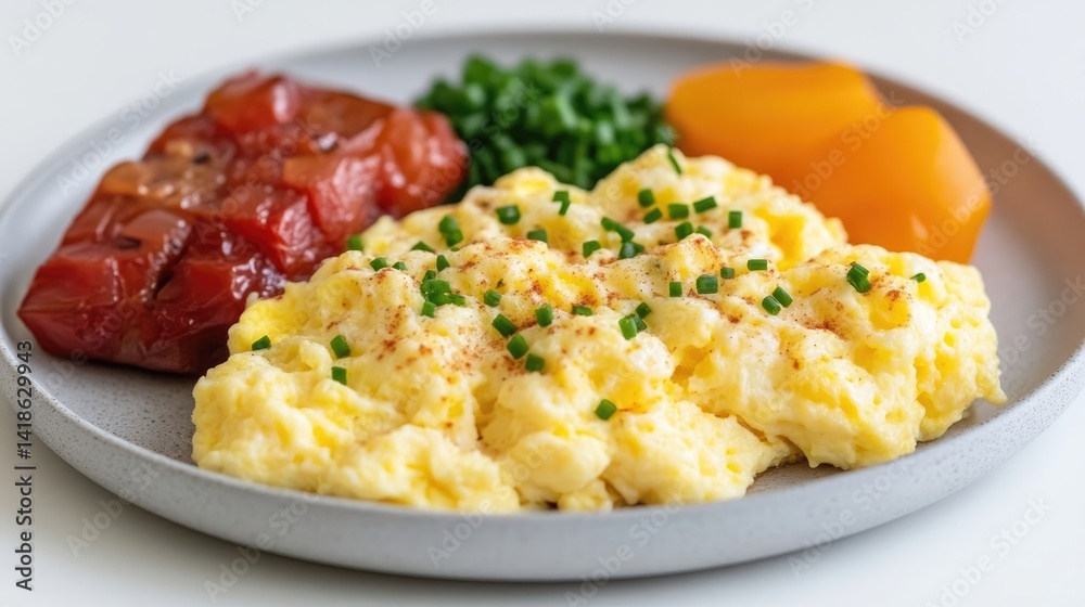 A plate of scrambled eggs with chives served alongside baked beans and grilled tomatoes on a grey plate, close-up view, and healthy breakfast concept. A plate of scrambled eggs with chives served alongside baked beans and grilled tomatoes on a grey plate, close-up view, and healthy breakfast concept.