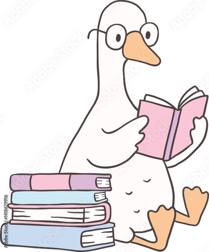 Reading Goose Clipart Cartoon Playful Hand Drawn Goose with Books and Glasses