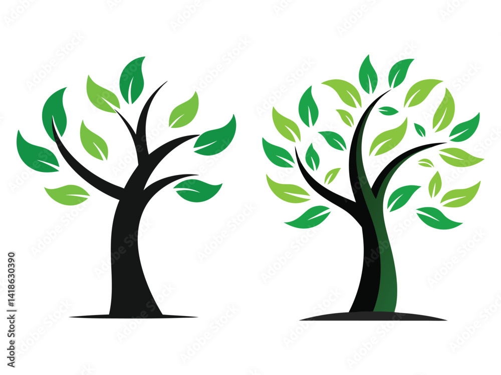 Fototapeta premium Stylized Trees: Minimalist depictions of two vibrant trees, their branches reaching towards the sky with fresh green leaves. Perfect for conveying growth and environmental themes.