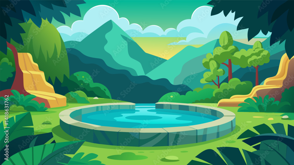 A soothing hot spring surrounded by a lush green rainforest offering a tranquil escape from the constant buzz of technology.. Vector illustration