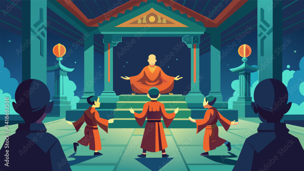 Inside a tranquil temple monks in traditional robes guide their students through the ancient art of Tai Chi in a virtual reality world.. Vector illustration