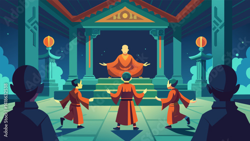 Obraz na płótnie Inside a tranquil temple monks in traditional robes guide their students through the ancient art of Tai Chi in a virtual reality world.. Vector illustration w salonie