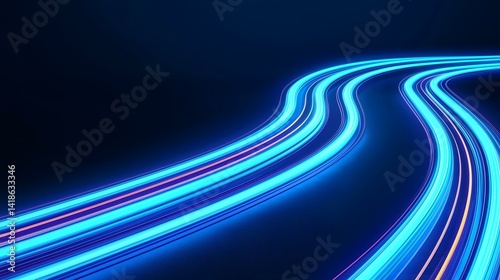 The image contains several bright blue streaks of light curving across a dark blue background, resembling light trails or speed lines.