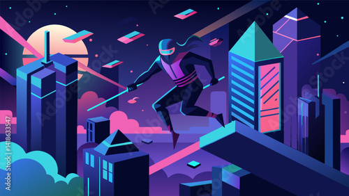 Obraz na płótnie Amidst a sea of neon lights and futuristic technology virtual ninjas gracefully slide and scale their way through a course of towering structures and. Vector illustration w salonie