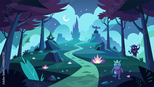 Obraz na płótnie An enchanted forest filled with mystical creatures and challenging paths for power walkers.. Vector illustration w salonie