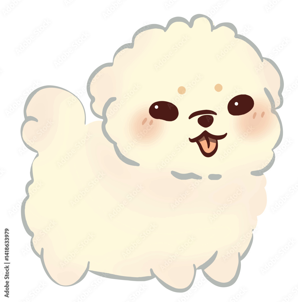 Fototapeta premium Smiling Bichon Frise cartoon with fluffy cream fur and rosy cheeks.