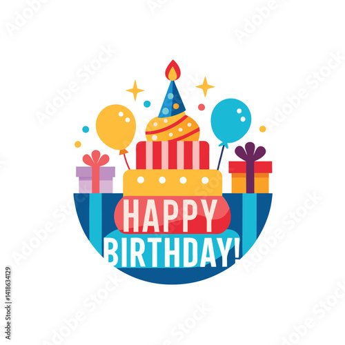Happy birthday text vector design. Birthday balloons, pennant and confetti party decoration, Cake Celebration