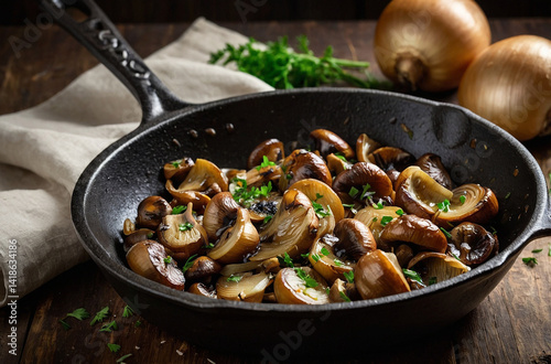 Sautéed mushrooms and onions in a cast iron skillet.