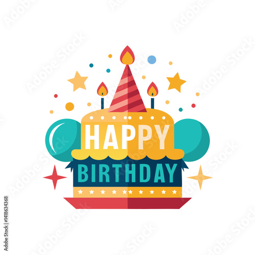 Happy birthday text vector design. Birthday balloons, pennant and confetti party decoration, Cake Celebration