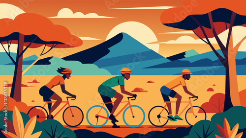 In the comfort of a stationary bike the cyclists pedal through the breathtaking landscapes of an African safari during their virtual cycling tour.. Vector illustration