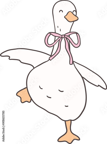 Cute Dancing Goose with  Ribbon Cartoon Playful Hand Drawn Goose