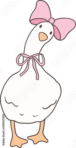 Cute Goose with Large Head Bow Cartoon Playful Hand Drawn Goose
