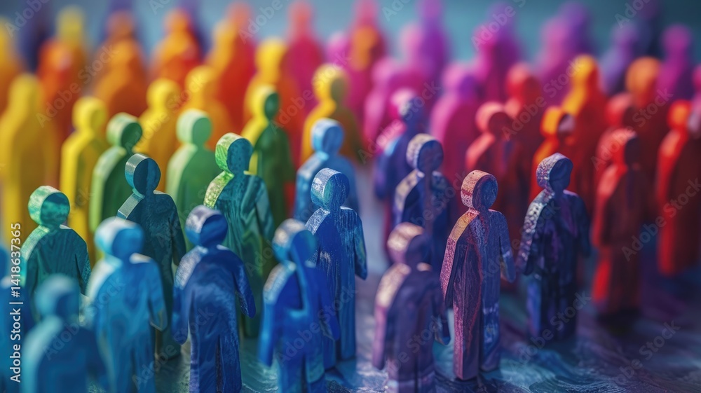 Fototapeta premium Watercolor painting of people holding hands in a rainbow color palette. Wooden block of human with vibrant color represent pride and diversity. Unity and diversity concept for design and print. AIG53.