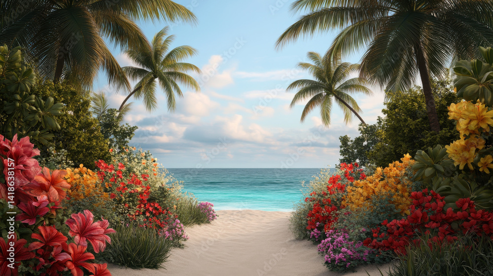 Fototapeta premium Tropical beach paradise with vibrant flowers and turquoise sea