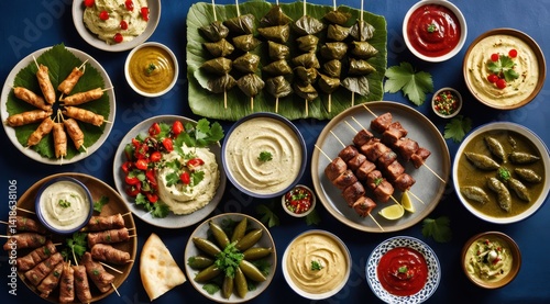 Wallpaper Mural A vibrant assortment of Mediterranean appetizers, featuring skewers, dips, fresh vegetables, and grapes, artfully presented on a dark serving platter Torontodigital.ca