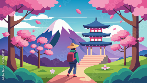 In a virtual Japanese garden the traveler takes a leisurely stroll a stunning cherry blossom trees and perfectly manicured bonsai trees.. Vector illustration